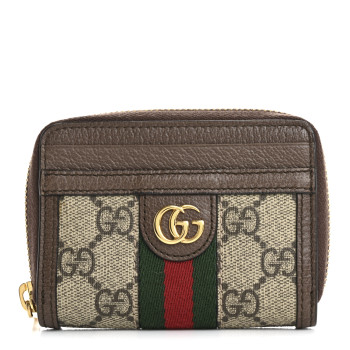 GUCCI GG Supreme Monogram Textured Dollar Calfskin Web Ophidia Zip Around Card Case Wallet Beige Ebony New Acero