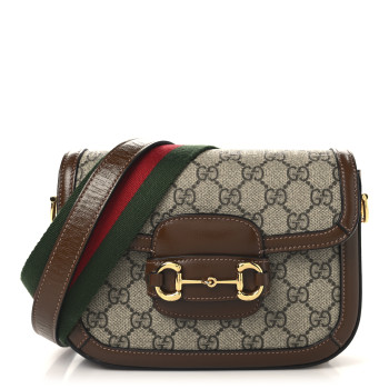 GUCCI GG Supreme Monogram Web Mini Horsebit 1955 Shoulder Bag Beige Brown Sugar