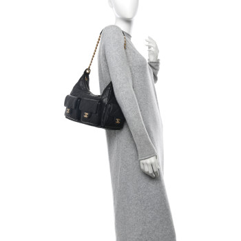 CHANEL Shiny Lambskin Quilted Trendy Pockets Hobo Black