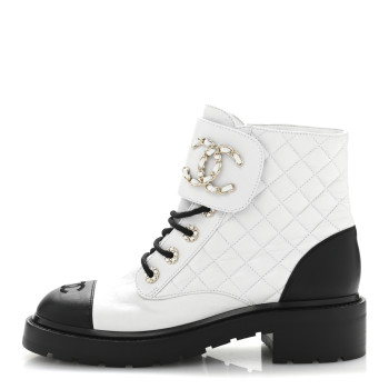 CHANEL Shiny Goatskin Calfskin Quilted Lace Up Combat Boots 39 White Black