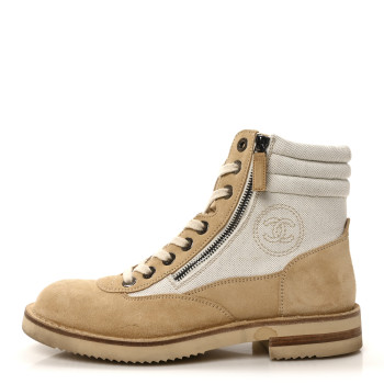 CHANEL Toile Suede Calfskin CC Lace Up Short Boots 39 Light Beige