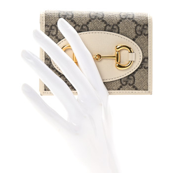 GUCCI GG Supreme Monogram Azalea Calfskin Horsebit 1955 Card Case Wallet Beige Ebony Mystic White