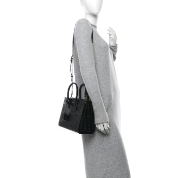 SAINT LAURENT Calfskin Crocodile Embossed Baby Sac De Jour Black