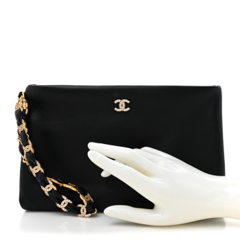 CHANEL Lambskin Crystal Medium CC Pouch With Handle Black