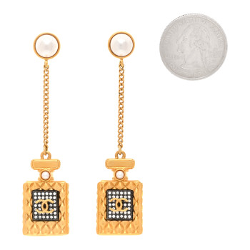 CHANEL Crystal Pearl CC Perfume Bottle Chain Drop Earrings Gold