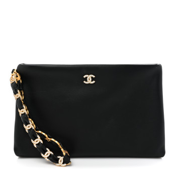 CHANEL Lambskin Crystal Medium CC Pouch With Handle Black