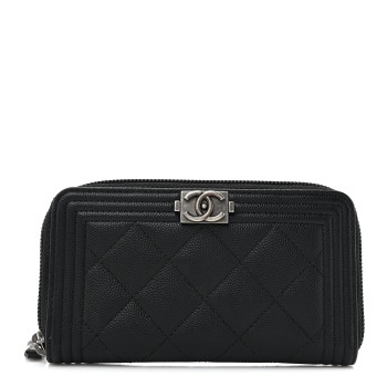CHANEL Caviar Quilted Small Boy Zip Around Wallet Black