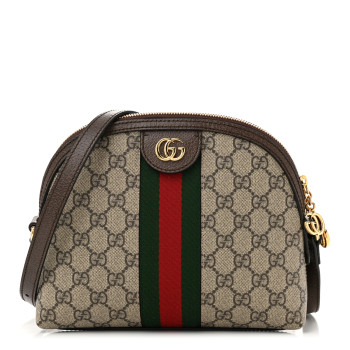 GUCCI GG Supreme Monogram Textured Dollar Calfskin Web Small Ophidia Dome Shoulder Bag Beige Ebony New Acero