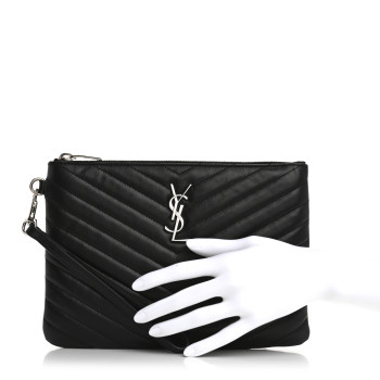SAINT LAURENT Calfskin Matelasse Chevron Monogram A5 Wristlet Black
