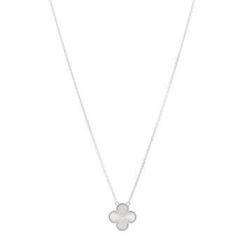 VAN CLEEF & ARPELS 18K White Gold Guilloche Vintage Alhambra Pendant Necklace