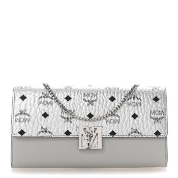 MCM Visetos Calfskin Large Mena Crossbody Wallet On Chain Grey