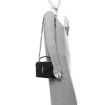 SAINT LAURENT Sheepskin Matelasse Chevron Monogram Medium College Bag Black