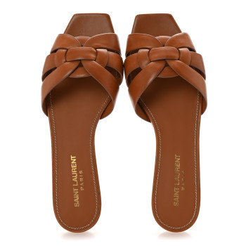 SAINT LAURENT Calfskin Tribute 05 Slide Sandals 37 Amber