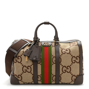 GUCCI Monogram Jumbo GG Textured Dollar Calfskin Web Medium Duffle Bag Camel Ebony GUCCI Monogram Jumbo GG Textured Dollar Calfskin Web Medium Duffle Bag Camel Ebony