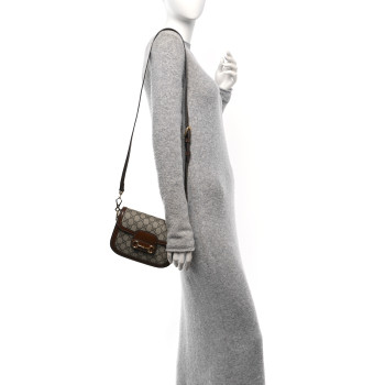 GUCCI GG Supreme Monogram Web Mini Horsebit 1955 Shoulder Bag Beige Brown Sugar