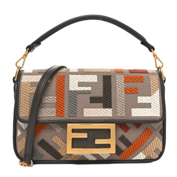 FENDI Canvas Vitello King Seta FF Embroidered Mini Baguette Tartufo Ebano Multicolor