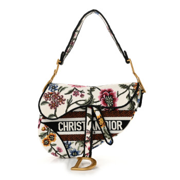CHRISTIAN DIOR Canvas Embroidered Petites Fleurs Saddle Bag White Multicolor