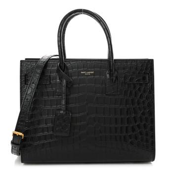 SAINT LAURENT Calfskin Crocodile Embossed Baby Sac De Jour Black