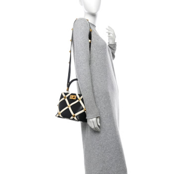 VALENTINO GARAVANI Nappa Small Roman Stud The Handle Bag Black Ivory