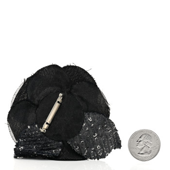 CHANEL Tweed Fabric Camellia Pin Brooch Black