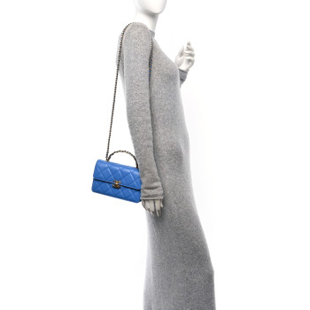 CHANEL Lambskin Quilted Chain Logo Top Handle Flap Blue