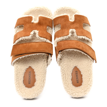 HERMES Suede Goatskin Woolskin Womens Chypre Sandals 40.5 Naturel Ecru