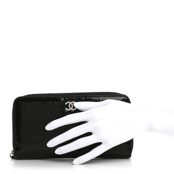 CHANEL Patent Camellia Embossed Large Zip Around Gusset Wallet Black