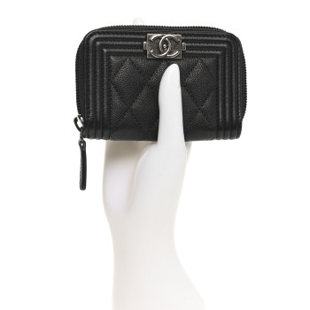 CHANEL Grained Calfskin Quilted Boy Zip Around Coin Purse Wallet Black