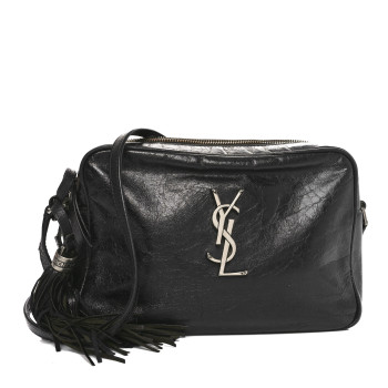 SAINT LAURENT Cracked Shiny Calfskin Monogram Lou Camera Bag Black