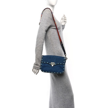 VALENTINO GARAVANI Denim Medium Guitar Strap Rockstud Rolling Flap Saddle Bag