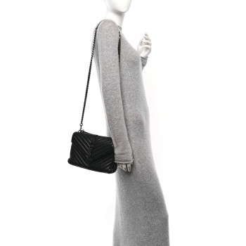 SAINT LAURENT Sheepskin Matelasse Chevron Monogram Medium College Bag Black