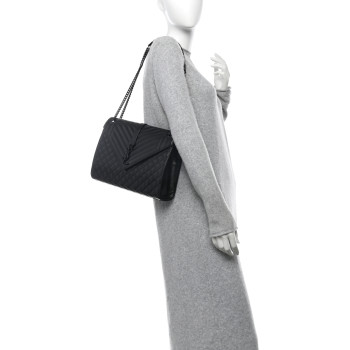SAINT LAURENT Grain De Poudre Textured Mixed Matelasse Large Triquilt Monogram Monochrome Satchel Black