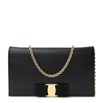 SALVATORE FERRAGAMO Hammered Calfskin Vara Wallet On Chain Black