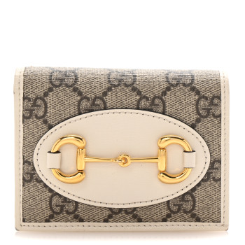 GUCCI GG Supreme Monogram Azalea Calfskin Horsebit 1955 Card Case Wallet Beige Ebony Mystic White