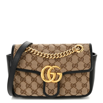 GUCCI Monogram Matelasse Diagonal Mini GG Marmont Shoulder Bag Beige Black