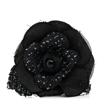 CHANEL Tweed Fabric Camellia Pin Brooch Black