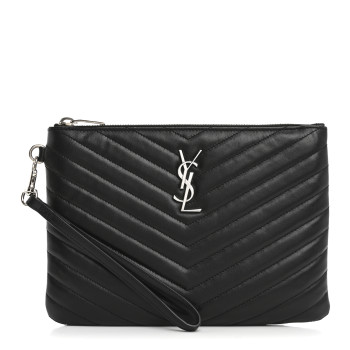 SAINT LAURENT Calfskin Matelasse Chevron Monogram A5 Wristlet Black