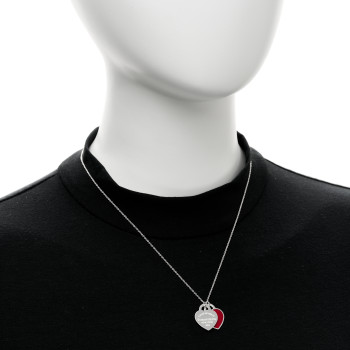 TIFFANY Sterling Silver Enamel Return to Tiffany Double Heart Tag Pendant Necklace Red