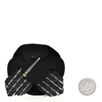 CHANEL Tweed Camellia Pin Brooch Black