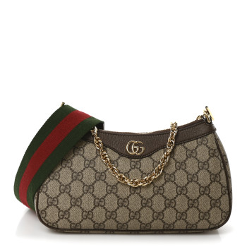 GUCCI GG Supreme Monogram Textured Dollar Calfskin Web Small Ophidia GG Handbag Beige Ebony New Acero