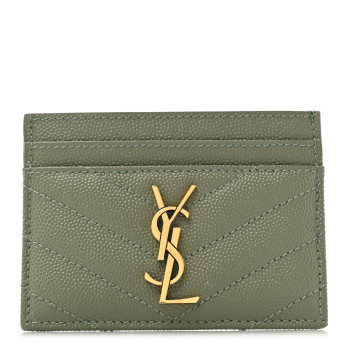 SAINT LAURENT Grain De Poudre Matelasse Chevron Monogram Credit Card Case Light Sage