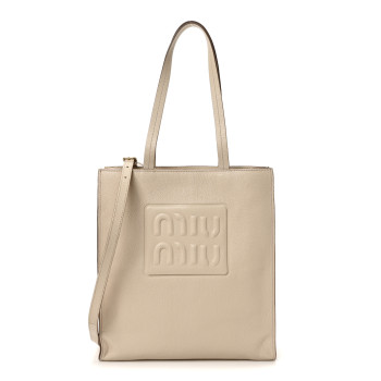 MIU MIU Goatskin Logo Embossed Shopping Tote Lino