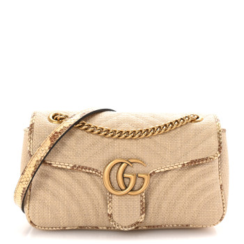 GUCCI Raffia Elaphe Matelasse Small GG Marmont Shoulder Bag Natural Cream Brown