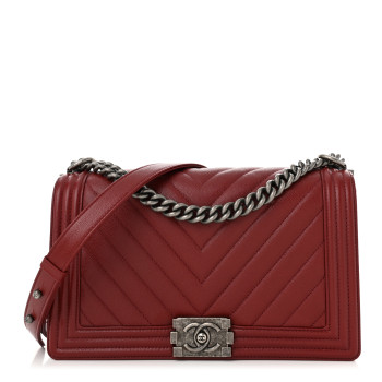 CHANEL Caviar Chevron Quilted New Medium Boy Flap Red