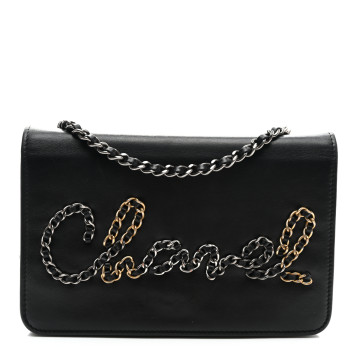 CHANEL Calfskin Chain 20s Signe Wallet on Chain WOC Black