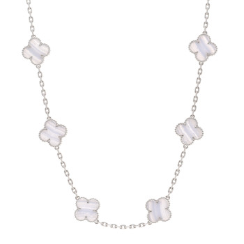 VAN CLEEF & ARPELS 18K White Gold Chalcedony 10 Motifs Vintage Alhambra Necklace