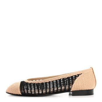 CHANEL Raffia Cap Toe Ballerina Flats 37.5 Black Beige