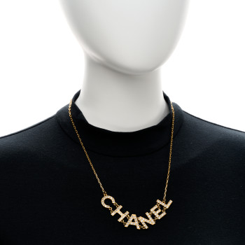 CHANEL Metal Crystal Logo Letters Choker Necklace Gold