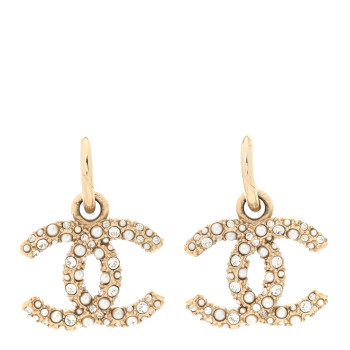 CHANEL Crystal Pearls CC Drop Earrings Light Gold