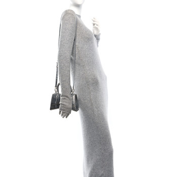 BALENCIAGA Metallic Calfskin Crocodile Embossed Hourglass Top Handle Bag XS Silver